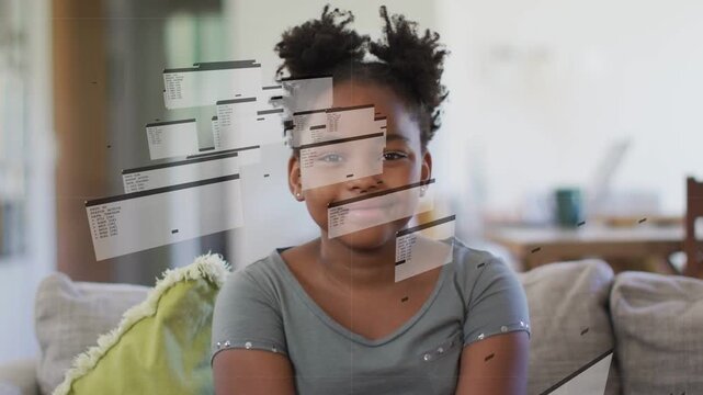 Girl sitting on sofa responding to animated tech panels drifting left, shifting neutral to laughing