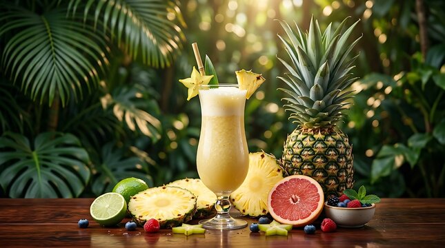 Minuman buah segar dalam gelas cantik di taman tropis dengan buah nanas, mangga, dan buah beri segar