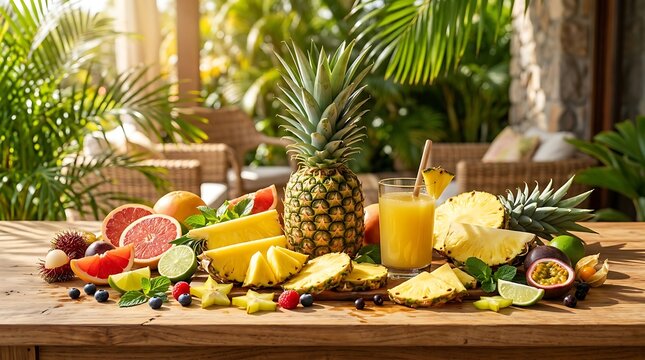 Piring Buah Segar dan Jus Buah Alam di Meja Kayu Tropis Dekat Jendela
