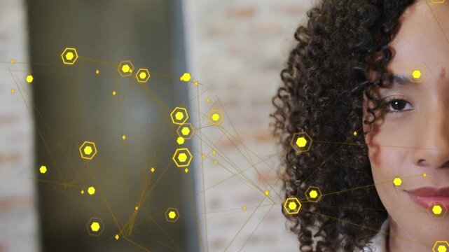 Framing shifting, woman lifting eyes and smiling while yellow nodes drifting over face for tech