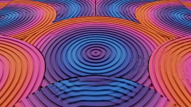 Vibrant tessellating pattern of semicircular shapes and concentric rings featuring a 3D ribbed texture in orange, pink, and blue, shown from a high-angle perspective view.