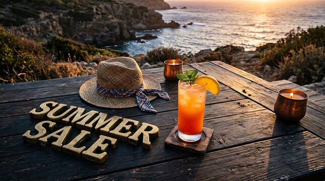 Minuman segar dalam gelas di tepi pantai saat matahari terbenam, suasana santai dan musim panas terbaik