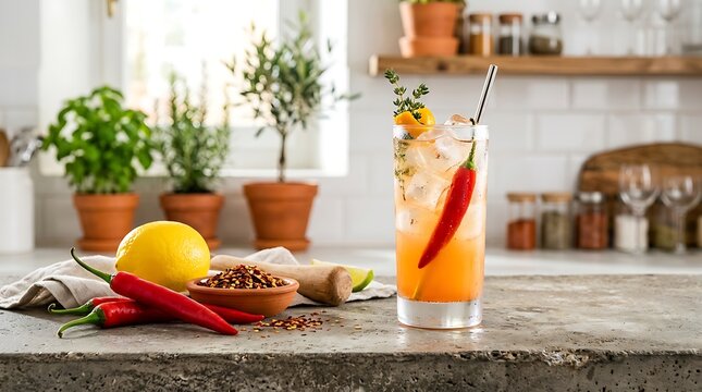 Minuman Segar Lemon Tea with Buah dan Cabai Merah di Dapur Modern