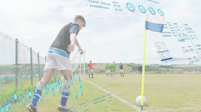 Teenage kicker initiating run-up, striking ball into box seeking goal while sports overlay guiding