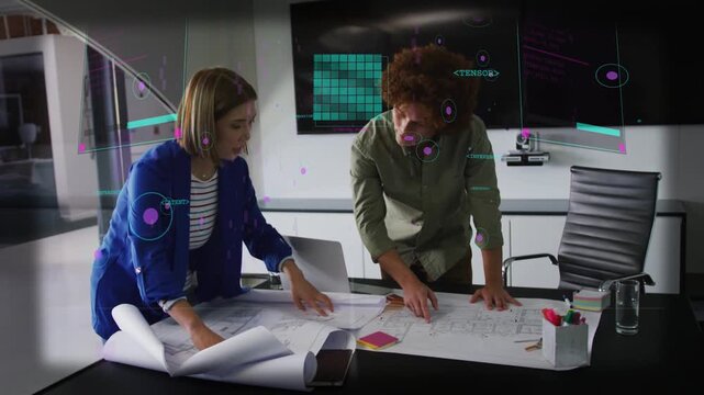 Woman lifting sheet, man pointing plans, overlay moving, highlighting HUD, collaborating on design