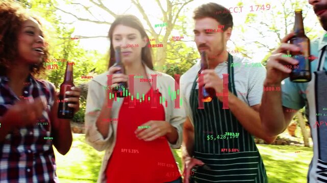 Five adults clinking bottles toasting then drinking at BBQ while finance charts floating over faces