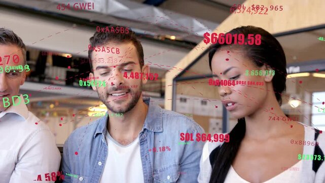 Left man showing yellow notebook center man reviewing crypto woman tapping tablet tickers floating