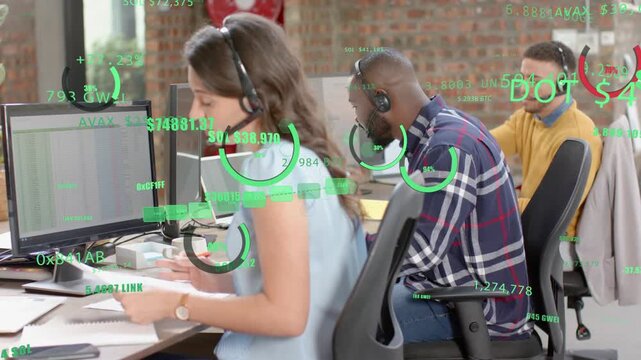 Financial HUD appearing over call center animating gauges for data while woman holding docs typing