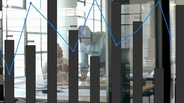 Colleagues pointing and discussing plans while fiscal bars and line graph rising, overlaying table