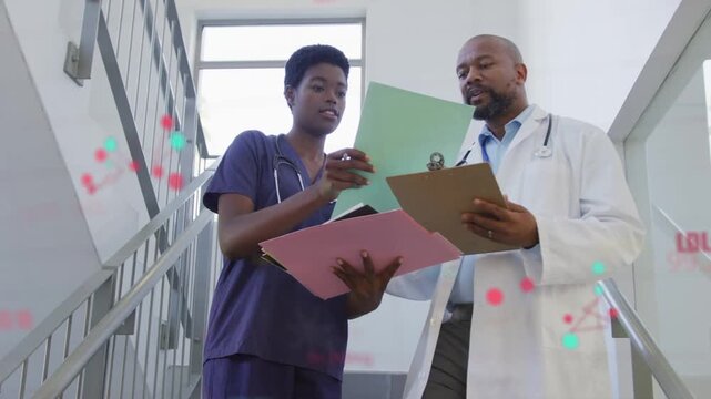Nurse flipping green folder doc scanning notes on stairs aligning med records with red teal overlay