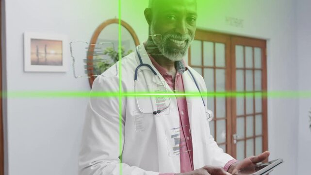 Doctor tapping tablet in medical clinic, bringing HUD while reviewing patient data and smiling
