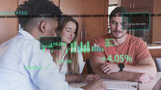 Rep placing biz docs reviewing at kitchen table with HUD ENCRYPTED overlaying chart couple signing