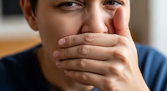 Person covering mouth and nose with hand, expressing disgust or holding breath