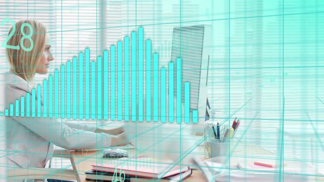 Woman typing at keyboard, causing cyan 3D grid and bar waveform expanding across screen for data