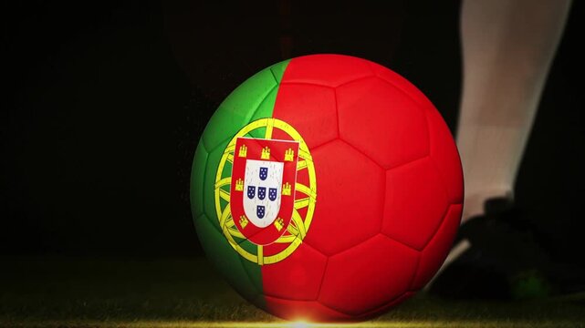 Soccer player moving foot and kicking Portugal ball on turf, animated spotlight illuminating crest