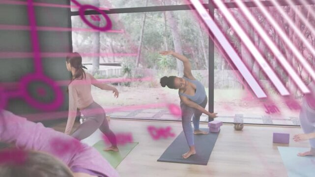 Yoga class on cue, lunging side-bend, using block for help near windows, pink overlays drifting