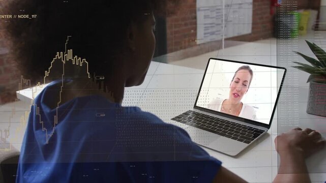 Seated woman listening at desk while speaker on laptop explaining finance data and charts appearing