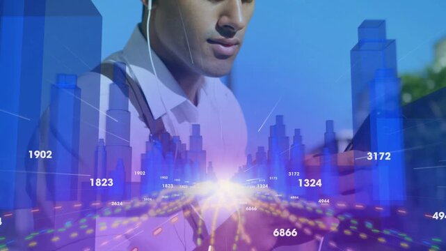 Man lowering gaze and tapping phone outdoors, animating city data overlay for navigation