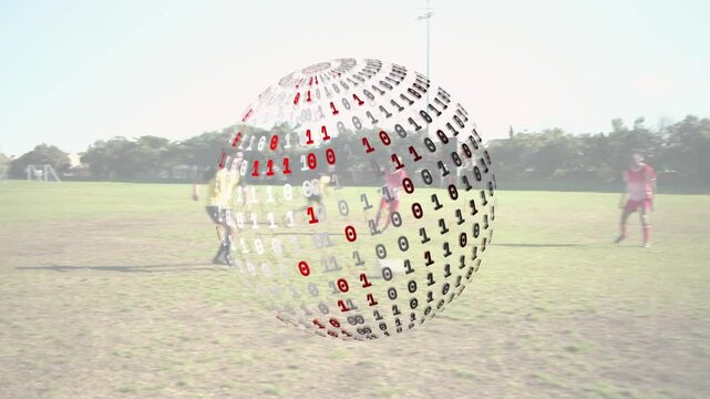 Yellow player touching soccer ball, pulling players to goal while binary sphere overlaying center