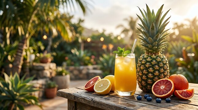 Minuman segar buah alami dan nanas segar di taman saat matahari terbenam