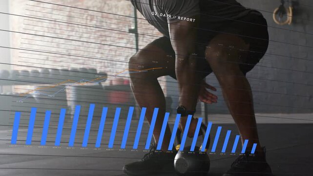 Fitness coach reaching kettlebell, hinging and lifting, animated graphs expanding tracking Q2 data