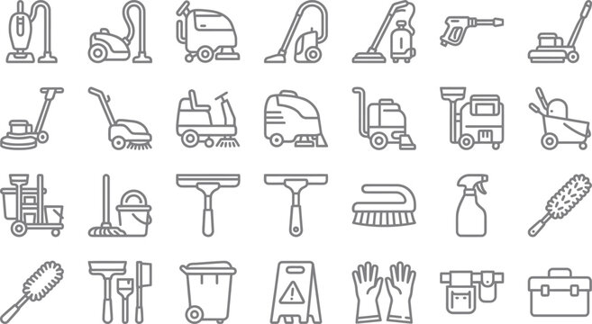 A collection of line art icons representing various cleaning equipment and supplies.