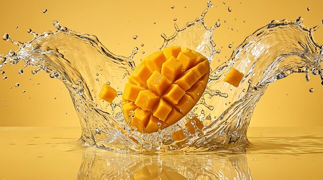 Mangkuk Mangga Segar Terjun ke Dalam Air Dengan Latar Belakang Kuning Cerah