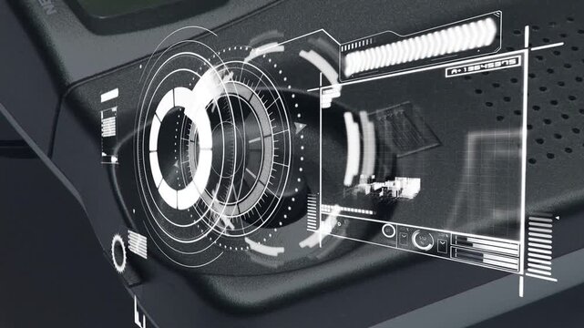 Fingertip turning rotary knob, HUD expanding, rings spinning, bars rising for tech control