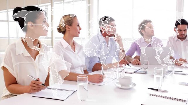 Business team taking notes while lead raising finger discussing global plan, map moving over faces