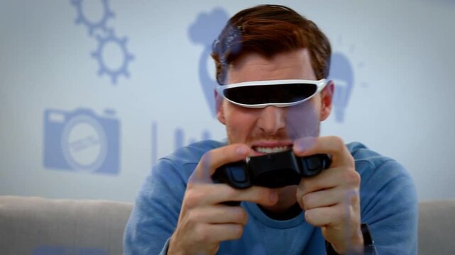 Gamer with visor manipulating controller, activating gears WiFi icons, reacting to headset display
