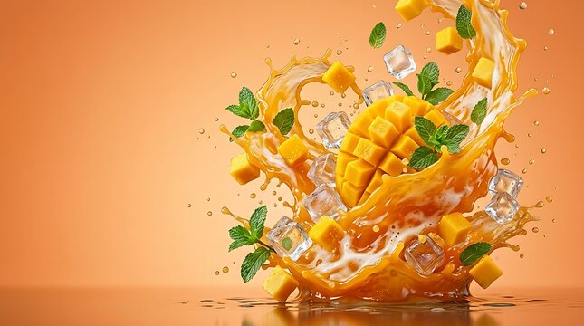 Mango segar dan segitiga es dengan daun mint dalam ledakan warna cerah