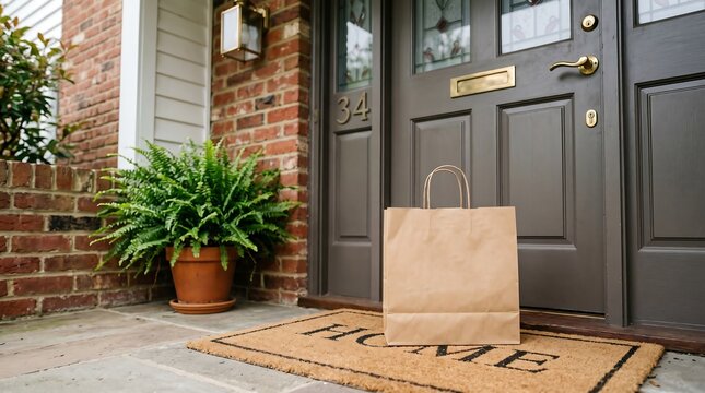Brown paper bag left on front porch door mat. Food delivery service concept. Contactless package drop off at house entrance by courier. Safe shipment arrival to residential home doorway.