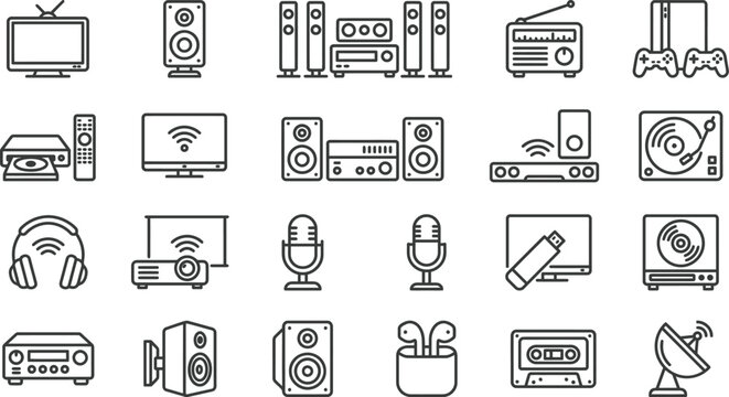 A comprehensive collection of line art icons depicting various modern and classic audio, video, and electronic devices.