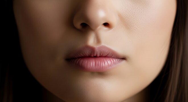Close-up of a woman's lips and nose with soft lighting and subtle makeup