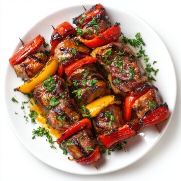 Pinchos morunos with grilled marinated meat skewers and roast isolated on a white background