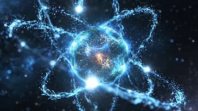 Abstract illustration of atomic structure with glowing particles and energy