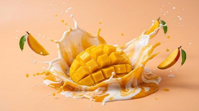 Potongan mangga segar dengan saus susu dan irisan buah mangga utuh di latar peach pastel cerah
