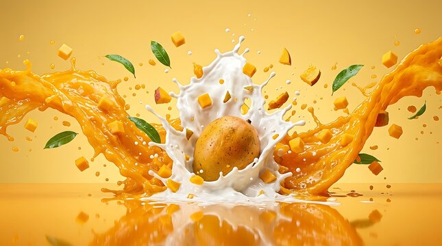 Buah mangga segar di atas meja dengan saus vanilla dan daun mint, suasana ceria dan segar cocok untuk minuman penyejuk