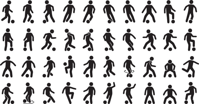 Soccer Football Player Stick Figure Icons Set - Variety of Action Poses.
