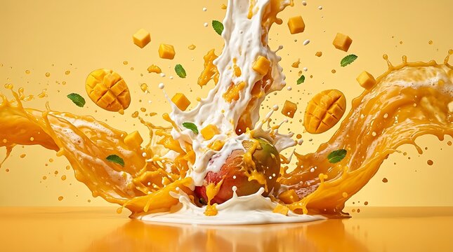 Tampilan kreatif buah dan minuman susu buah segar dalam ledakan penuh warna, cocok untuk konsep makanan sehat dan gaya hidup aktif