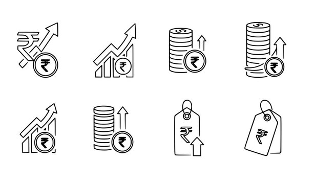 Indian rupee cost increase concept icons vector financial growth and inflation illustration
