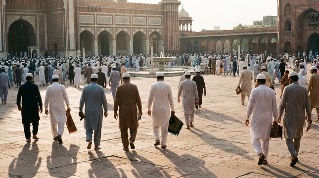 Mosque courtyard after Eid prayer with morning sunlight
Wide view of mosque courtyard after Eid prayer with soft morning light, capturing peaceful religious atmosphere and community gathering.