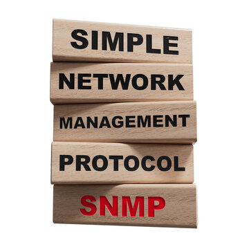 Closeup wood cubes into the row to complete the word snmp, SIMPLE NETWORK MANAGEMENT PROTOCOL.Supports PNG files with transparent backgrounds.