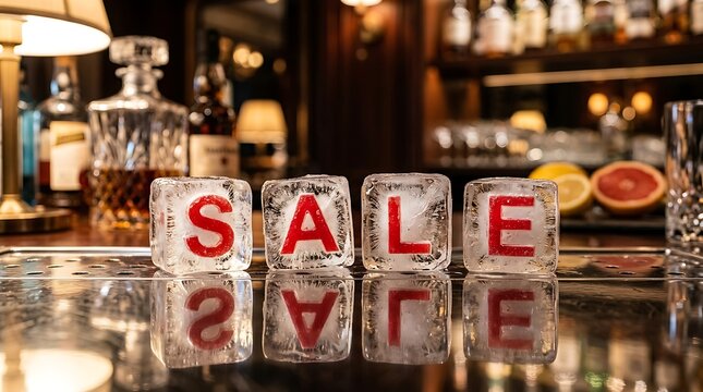 Gelatin es batu bertuliskan SALE di bar dengan latar belakang penuh minuman dan suasana pub yang hangat