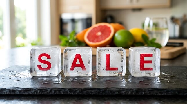 Berkas Es Berwarna dengan Tanda Diskon Sale di Atas Meja Dapur Modern