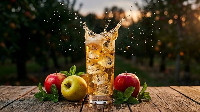 Segelas minuman bergelembung dengan irisan apel segar di atas meja kayu di alam terbuka saat matahari terbenam