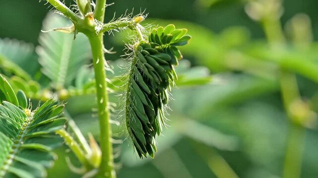 Mimosa Pudica Sensitive Plant Leaves Folding After Being Touched