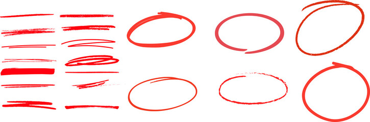 Red pen drawn marks, red circle set Charcoal pen round ovals. Outline red drawing line clipart symbol Png © Pngs Mart
