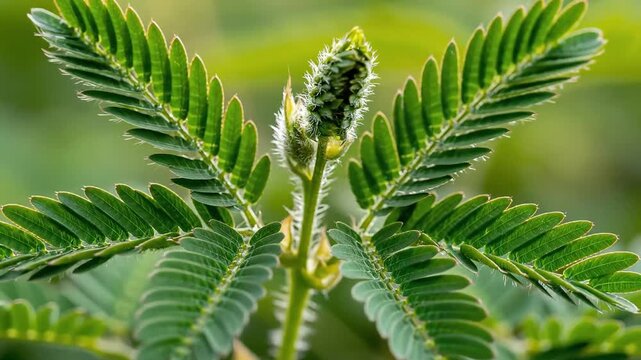 Macro shot of Mimosa pudica sensitive plant leaves and buds