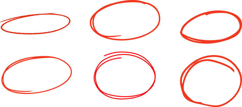 Red pen drawn marks, red circle set Charcoal pen round ovals. Outline red drawing line clipart symbol Png